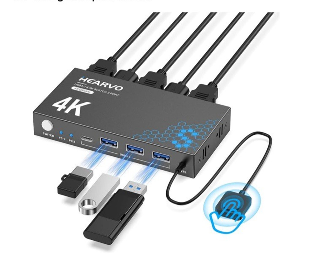 USB 3.0 HDMI KVM Switch 1 Monitor 2 Computers 4K@60Hz USB Cables Open BOX